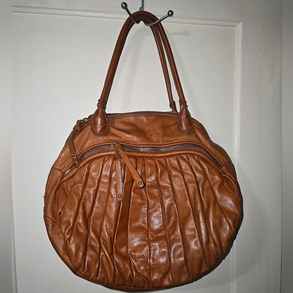 Sabina New York Brown Leather Hobo Handbag Pleated Rounded Zippers 18x13" - Picture 1 of 13